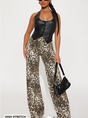 Fashion Nova Leopard Print Wide-Leg Pants - Black & Tan